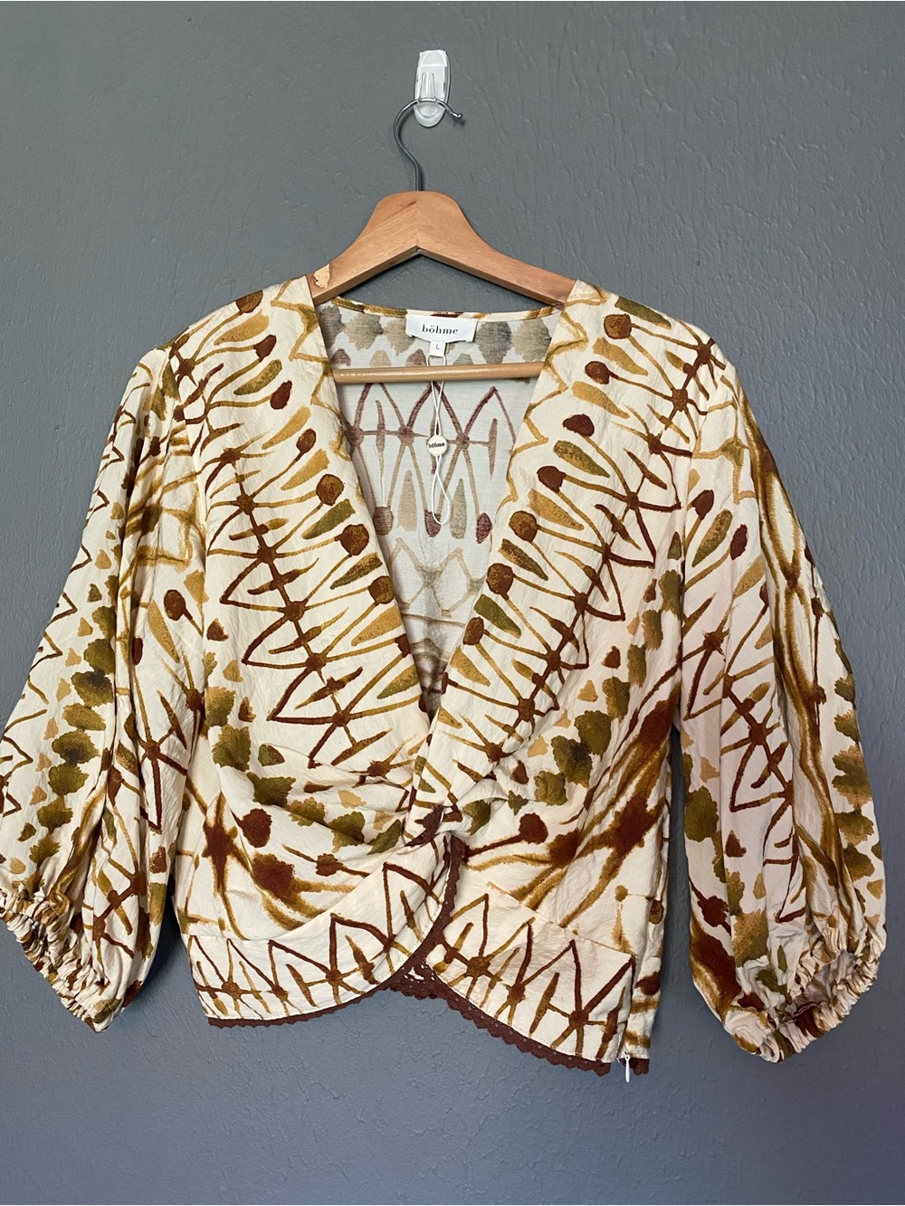 Böhme Abstract Tie-Dye Crossover Blouse Boho Balloon Sleeve Top L Lace Trim